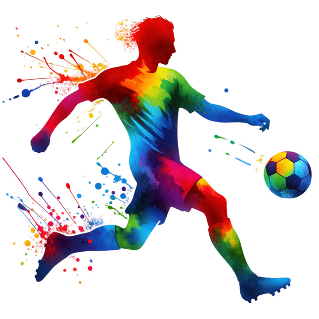 Colorful silhouette of a soccer player kicking a ball fabric panel