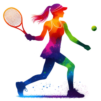 Colorful silhouette of a tennis player with a racket and ball fabric panel