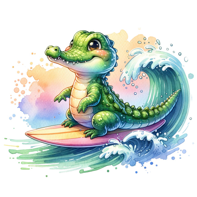 green alligator on a surfboard with a colorful wave background fabric panel
