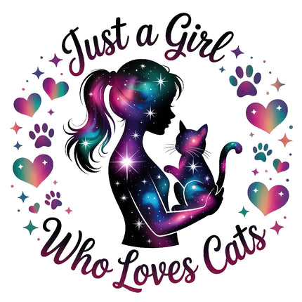 girl holding a cat with colorful hearts and stars around, text 'Just a Girl Who Loves Cats' fabric panel