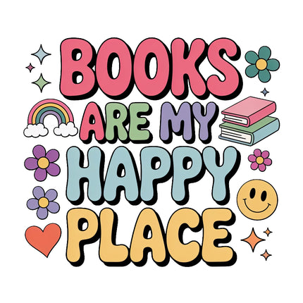Colorful text 'Books are my happy place' fabric panel