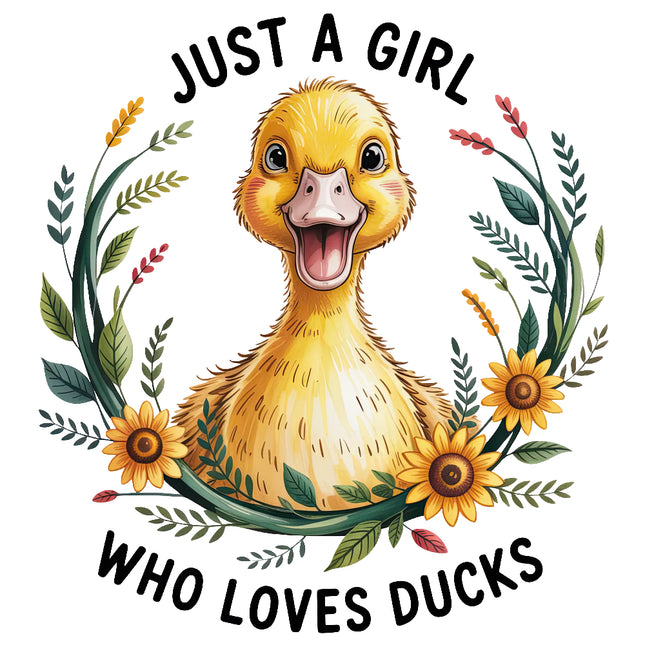 duck surrounded by flowers with text 'Just a girl who loves ducks' fabric panel