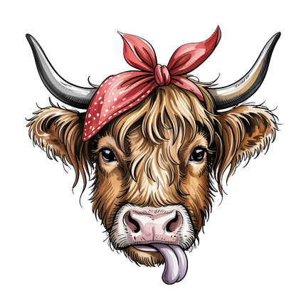 highland cow with a red bandana fabric panel