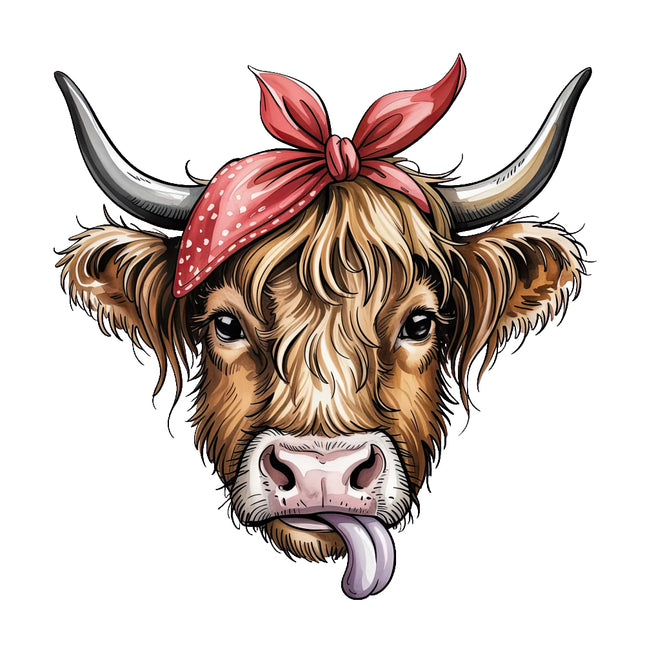 highland cow with a red bandana fabric panel