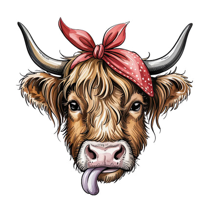 highland cow with a red bandana fabric panel
