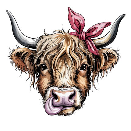 highland cow with a pink bandana fabric panel