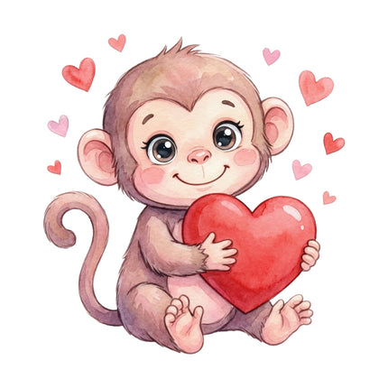 Cartoon monkey holding a red heart fabric panel