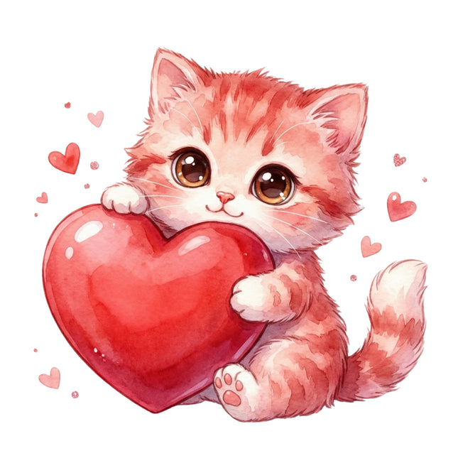 kitten holding a red heart fabric panel