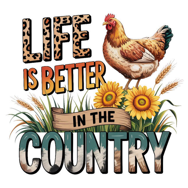 rooster, sunflowers, and text 'Life is better in the country' fabric panel