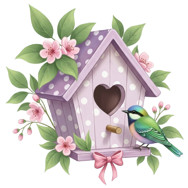 purple birdhouse with a heart-shaped door, surrounded by pink flowers and green leaves fabric panel