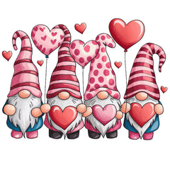 Four gnomes with heart-themed accessories fabric panel