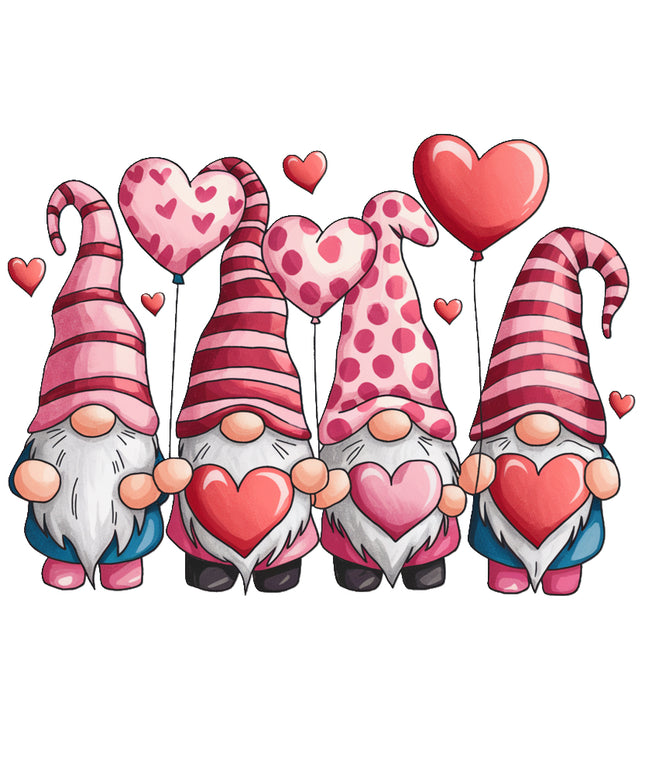 Four gnomes with heart-themed accessories fabric panel