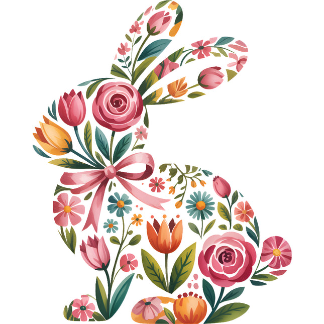 Floral rabbit with pink roses, tulips, and a bow fabric panel