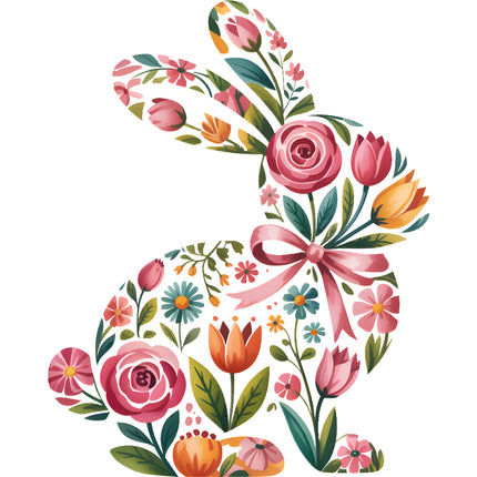 Floral design with pink roses, tulips, and a pink bow fabric panel
