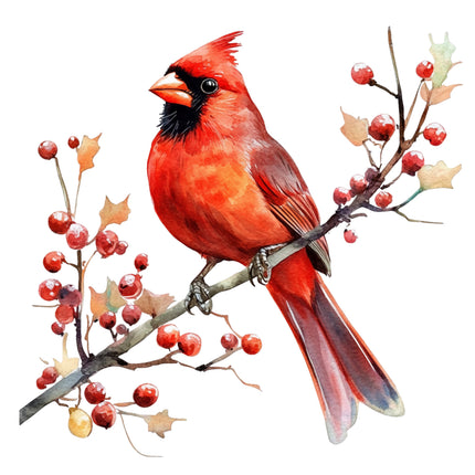 Red cardinal bird perched on a branch with berries and leaves fabric panel