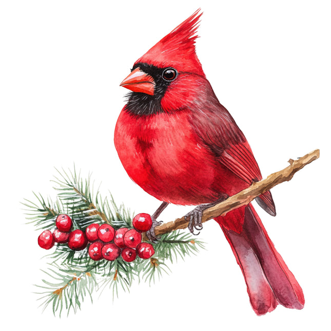 Red cardinal bird perched on a branch with red berries fabric panel