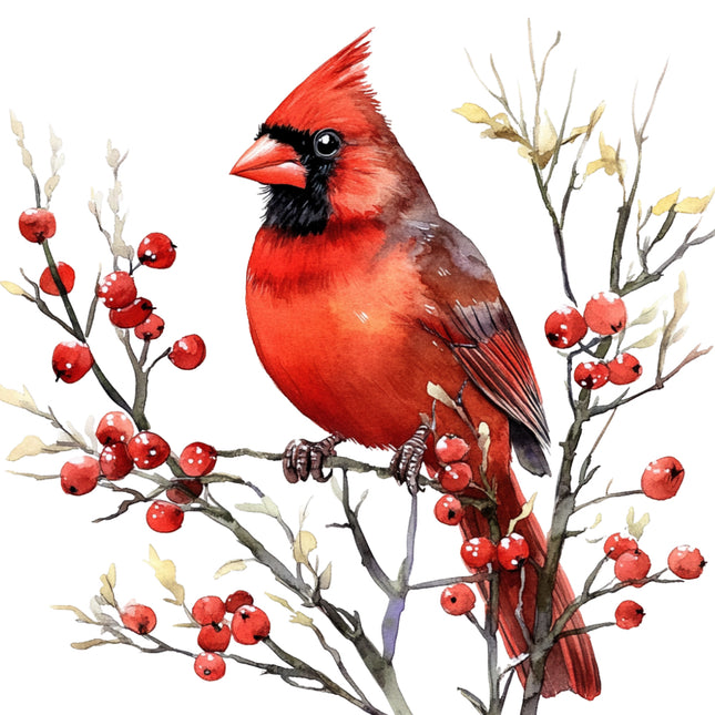 Red cardinal bird perched on branches with red berries fabric panel
