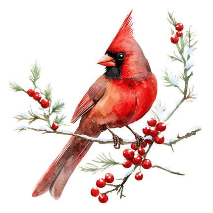 Red cardinal bird on a branch with red berries fabric panel