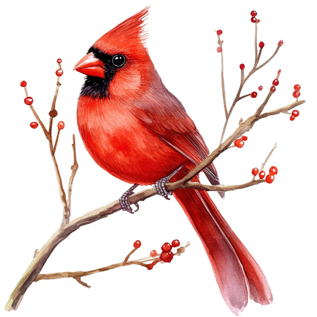 Red cardinal bird perched on a branch with berries fabric panel
