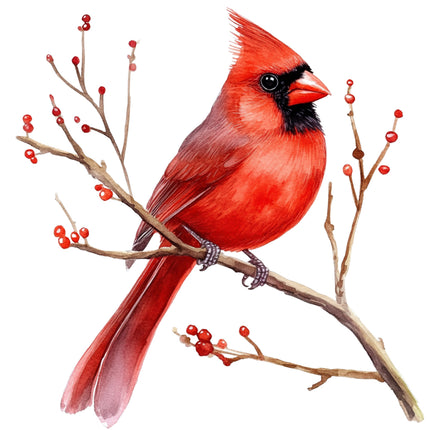 Red cardinal bird perched on a branch with berries fabric panel