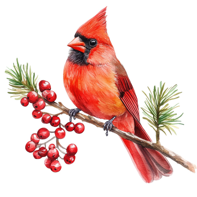 Red cardinal bird perched on a branch with red berries fabric panel