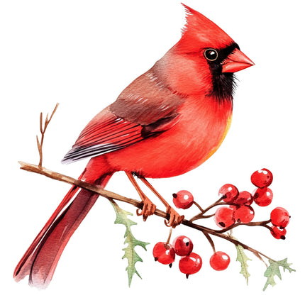 Red cardinal bird perched on a branch with red berries quilt panel