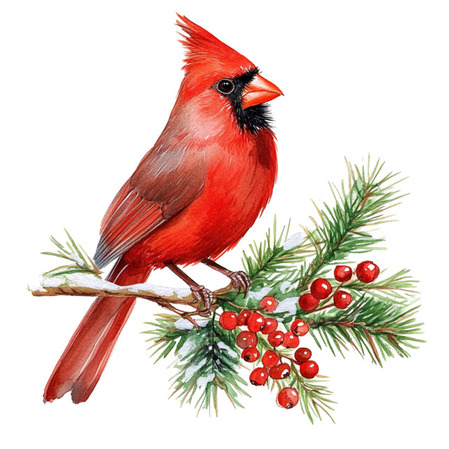 Red cardinal bird perched on a branch with red berries and green leaves fabric panel