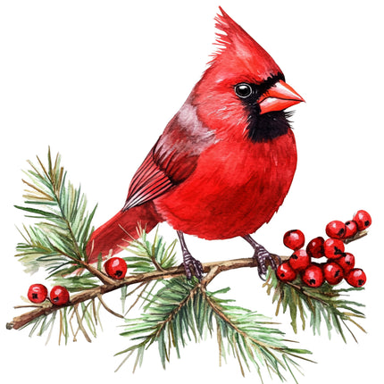 Red cardinal bird perched on a branch with red berries fabric panel
