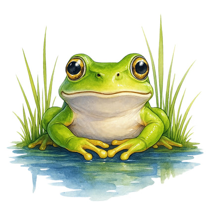 green frog sitting in water with grass cotton fabric panel
