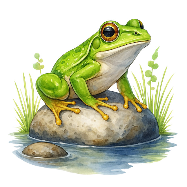 Illustration of a green frog on a rock with grass cotton quilt panel