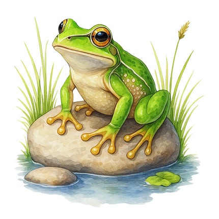 green frog on a rock with grass and water fabric panel