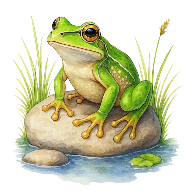 green frog on a rock with grass and water fabric panel