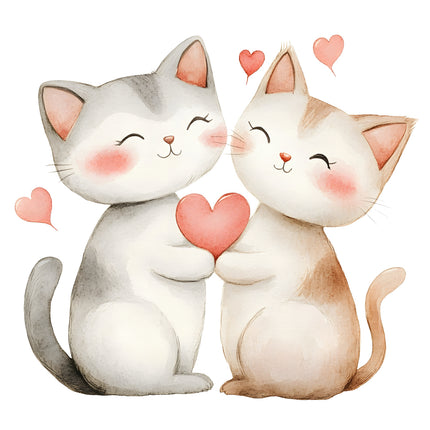 Two cartoon cats holding a heart with hearts around them cotton fabric panel
