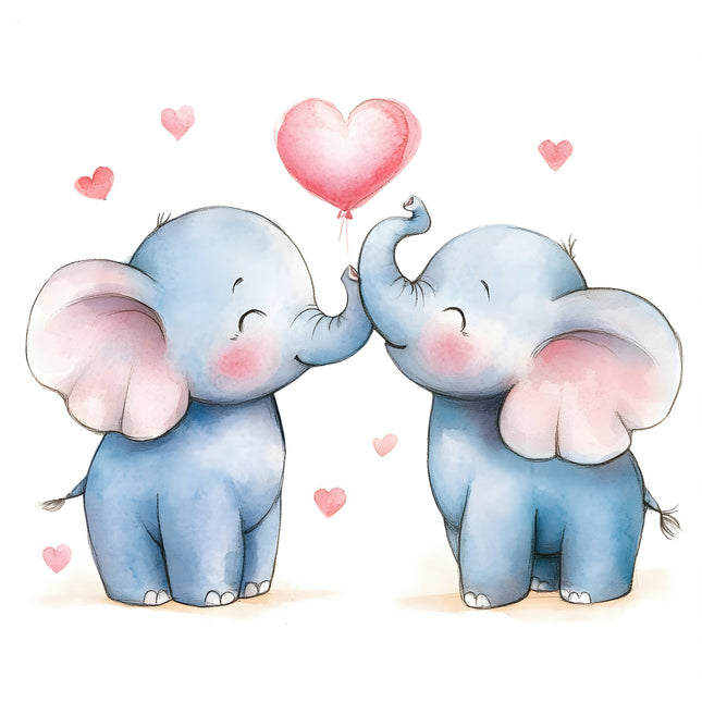Two cartoon elephants holding a heart-shaped balloon with hearts around them fabric panel
