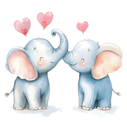 Two cartoon elephants holding hands with pink hearts above them cotton fabric panel