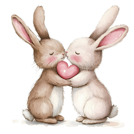 Two cartoon bunnies holding a pink heart quilt panel