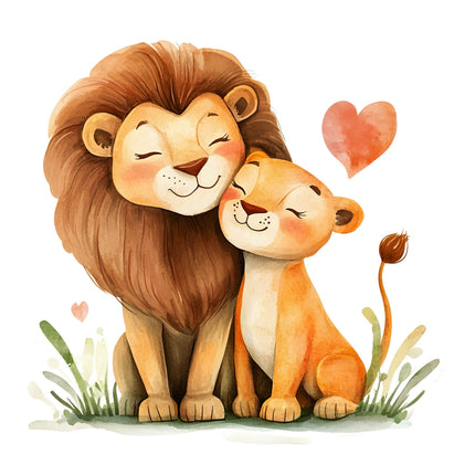 lion and a lion cub hugging with hearts around them fabric panel
