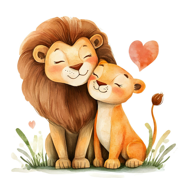 lion and a lion cub hugging with hearts around them fabric panel