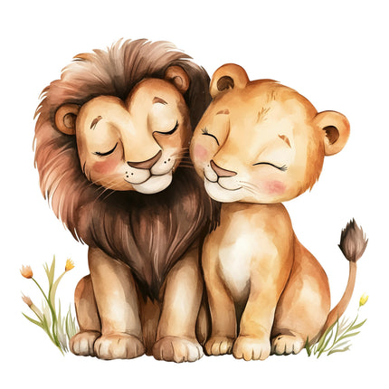 two lions sitting close together fabric panel