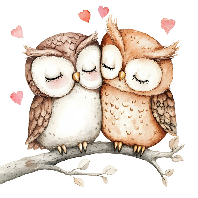 Two cartoon owls hugging on a branch with hearts around fabric panel