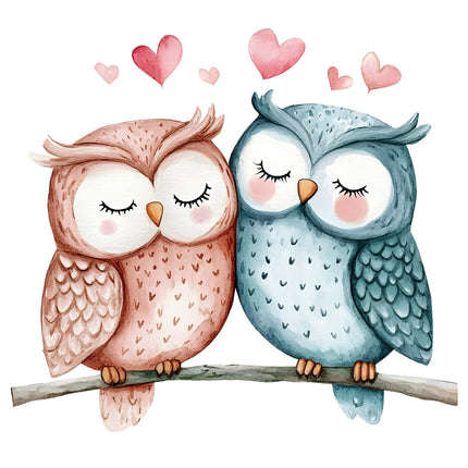 Two cartoon owls, one pink and one blue, sitting on a branch with hearts fabric panel