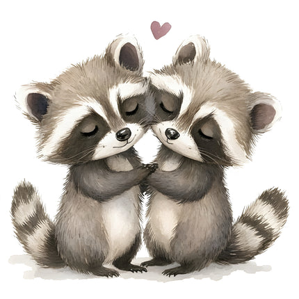 Two cartoon raccoons hugging with a heart above them fabric panel