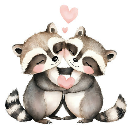 Two cartoon raccoons hugging with pink hearts fabric panel
