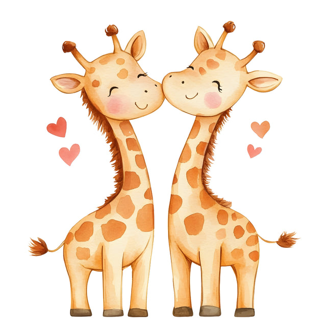 Two cartoon giraffes kissing with hearts around quilt panel