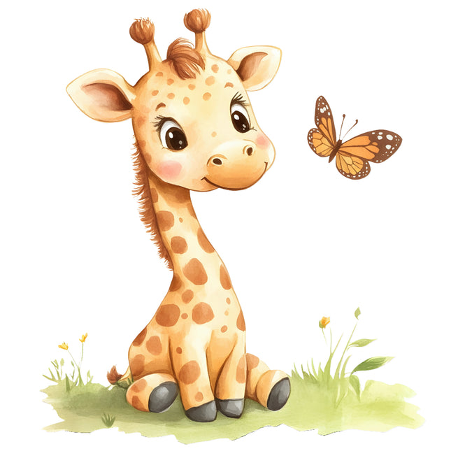 giraffe sitting on grass with a butterfly fabric panel