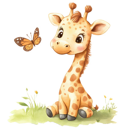 Cartoon giraffe sitting on grass with a butterfly nearby sewing panel