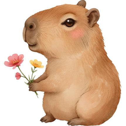 Capybara holding flowers fabric panel