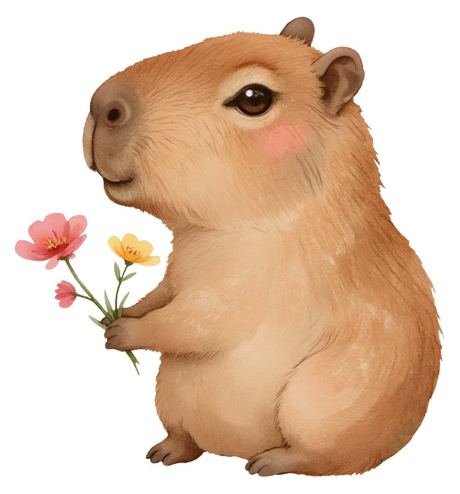 Capybara holding flowers fabric panel