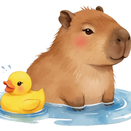 Capybara with a yellow duck in water fabric panel