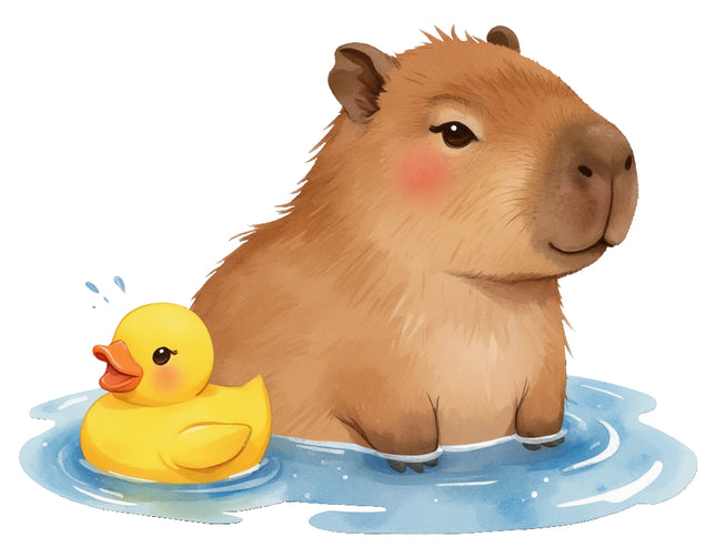 Capybara with a yellow duck in water fabric panel